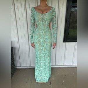 La Femme Mint Green Lace Long Sleeve Evening Dress
